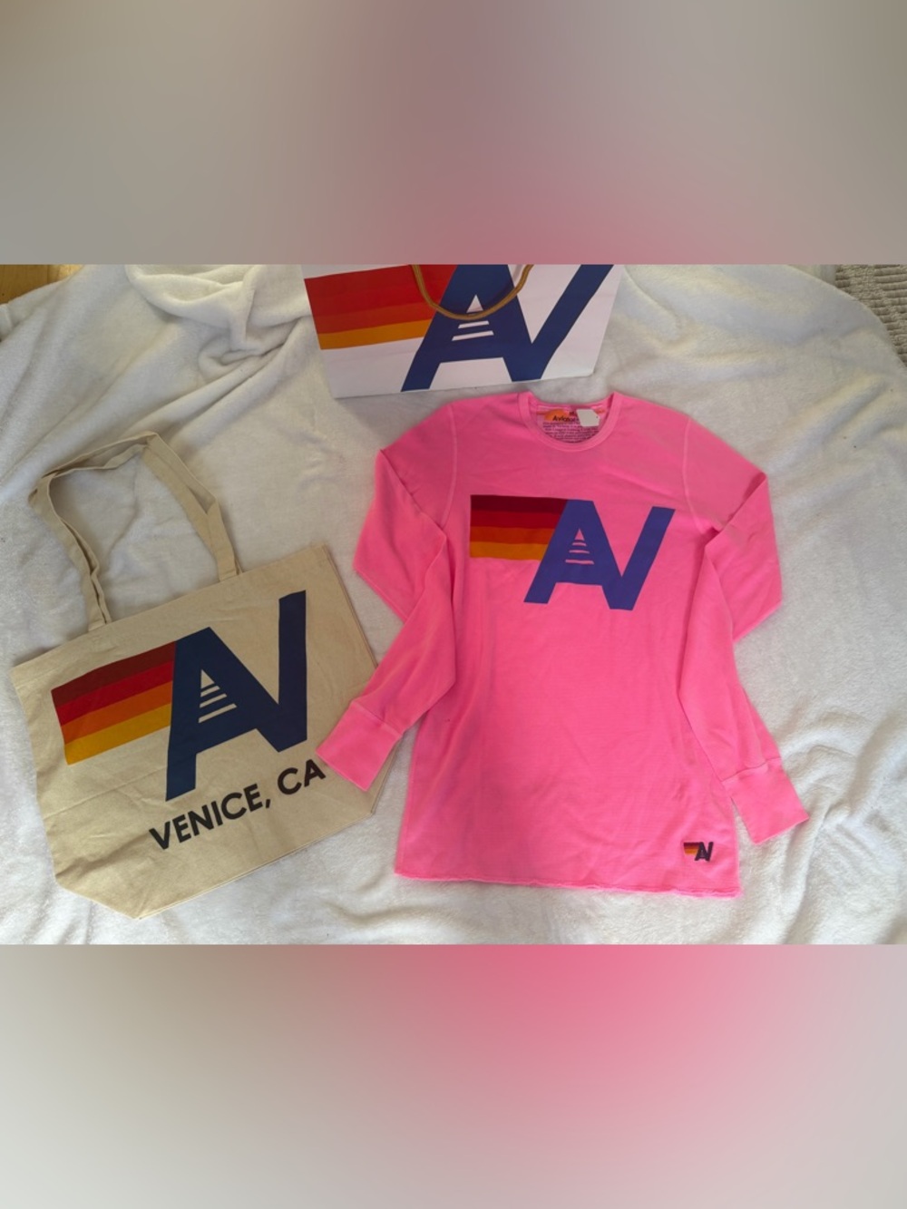 - NWT Aviator Nation Logo Thermal Long Sleeve Medium Neon Pink + Tote bag